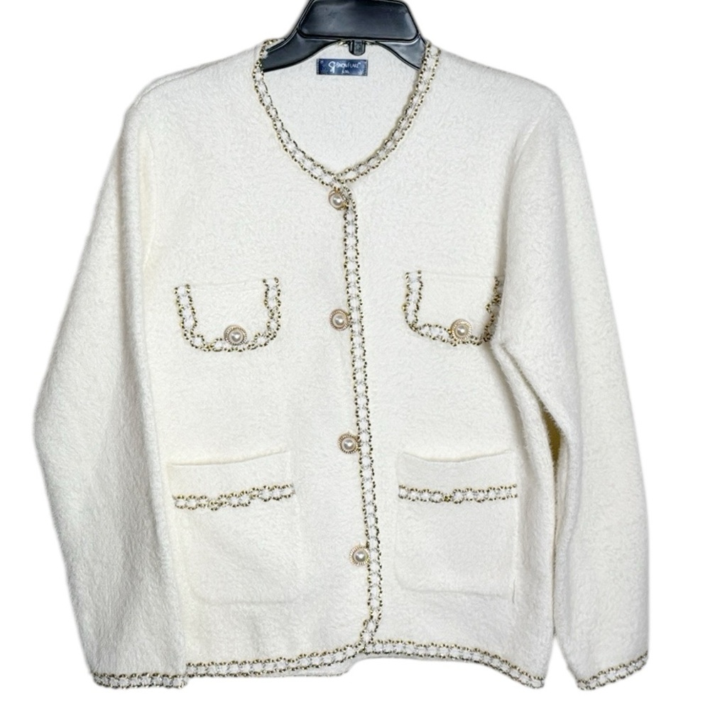 Snowflake Ivory ladylike Knit Jacket gold thread trim Size L / XL